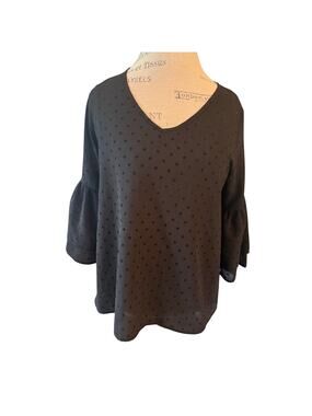 Luxe Bling Glamour Boutique Tunic Blouse Black Dobby Dot Bell Sleeve SZ Med EUC